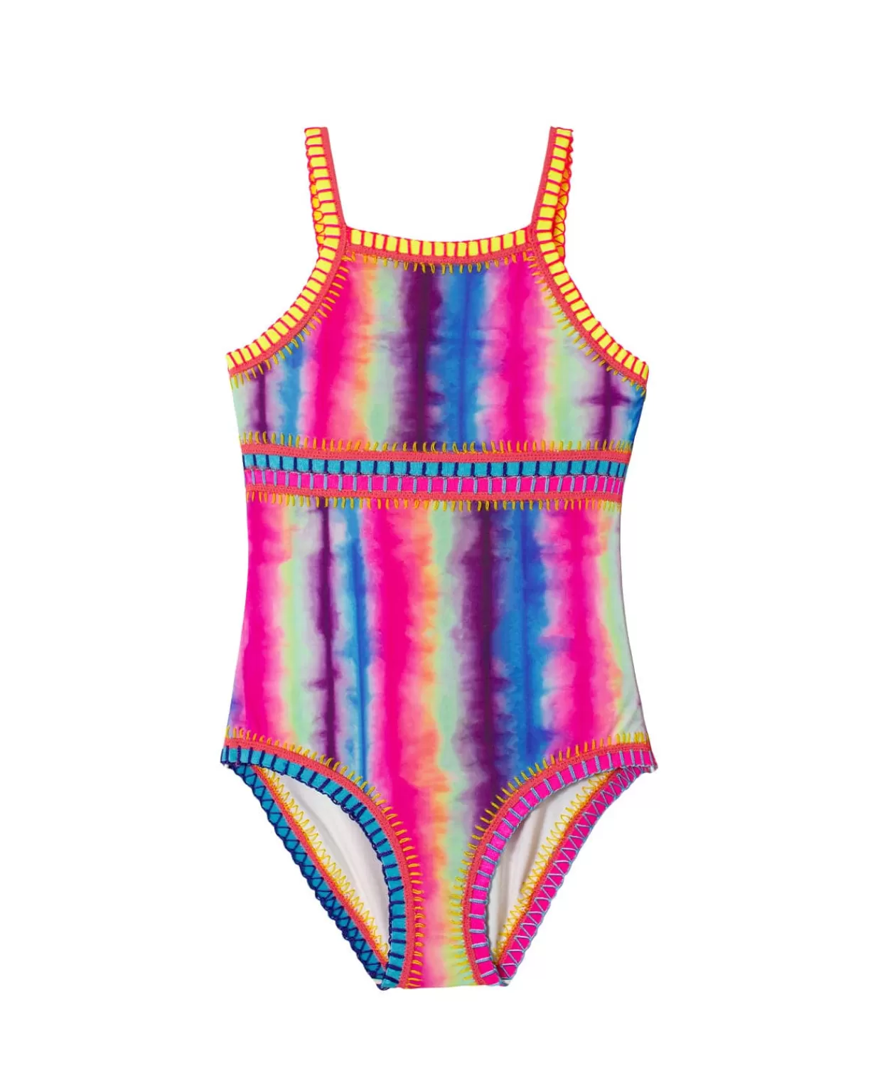 PQ Swim One Pieces*Kids Tie Dye Rainbow Embroidered High Neck One Piece